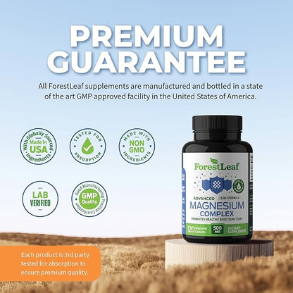ForestLeaf Magnesium Complex 500mg - Magnesium 500mg Capsules - Magnesium Supplement 500 mg - Magnesium for Sleep, Magnesium for Constipation - Magnesium Supplement for Women (120 Ct)