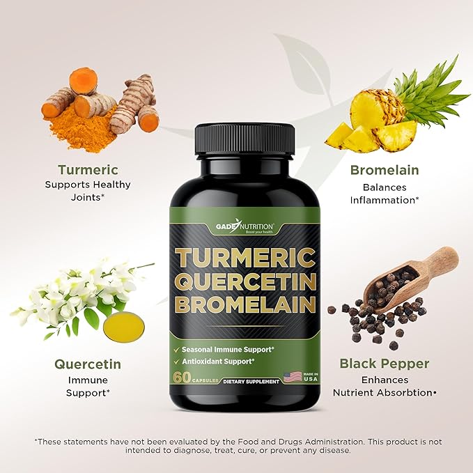 Gade Nutrition Turmeric Quercetin with Bromelain Supplement | Turmeric Supplement with Quercetin 500mg Capsules for Immune Support, Allergy Relief, Joint Support, Made in USA
