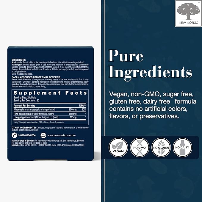 New Nordic Magnesium Glycinate, 220 mg Maximum Absorption Tablets with Pine Bark & Long Pepper, Gentle on Stomach for Women & Men, 30 Servings