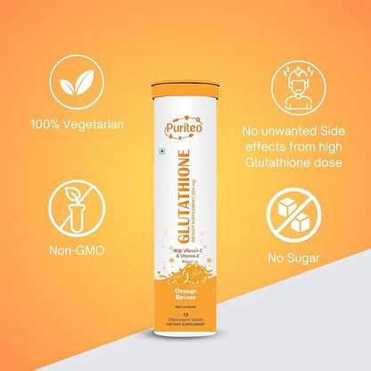 Glutathione 15 Effervescent Tablets with Vitamin C & E, for Clear Skin & Hydration, No Added Sugar, Orange Flavour - (15 Tablets, Pack of 4)