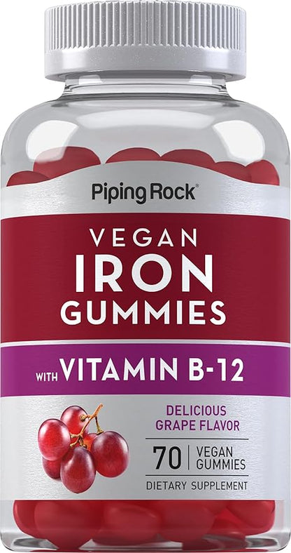 Piping Rock Iron Gummies Supplement | 70 Count | for Women and Men | with Vitamin B12 | Grape Flavor | Vegan, Non-GMO, Gluten Free