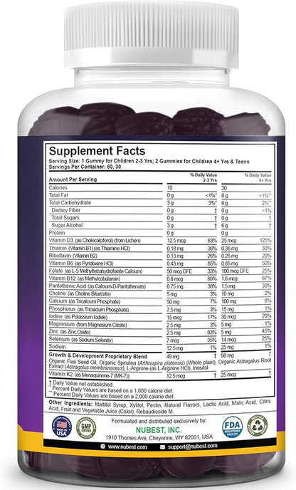 NuBest Tall Gummies for Kids Age 2+ & Teens | Bone Strength, Immunity, Digestive Health with Calcium, Vitamin D3, K2, B Complex, Magnesium, Zinc | 20+ Vitamins Berries Gummies, No Added Sugar