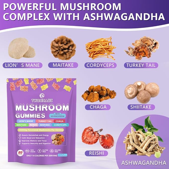 Mushroom Supplement Gummies with Ashwagandha and Lions Mane, Maitake, Turkey Tail, Reishi, Chaga, Shiitake, Cordyceps Nootropic Brain Supplement for Focus, Memory, Immune, Support and Stress Relief