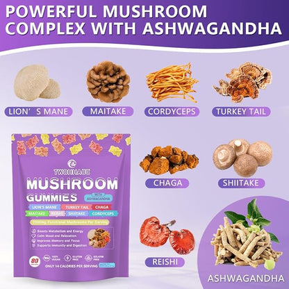 Mushroom Supplement Gummies with Ashwagandha and Lions Mane, Maitake, Turkey Tail, Reishi, Chaga, Shiitake, Cordyceps Nootropic Brain Supplement for Focus, Memory, Immune, Support and Stress Relief