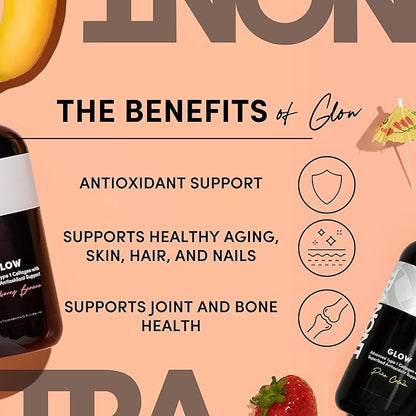 Tranont Glow 2-PK | Strawberry Banana & Piña Colada| Type 1 Collagen with Superfood Antioxidant Support | for Hair, Skin, Nails & Joints | Liquid Collagen with Hyaluronic Acid & Peptides | 30 Fl Oz