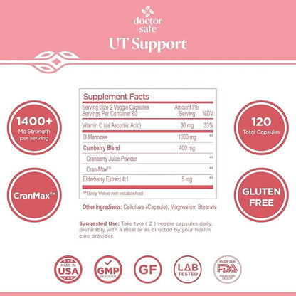 Cranberry Supplement, D-Mannose Capsules Made with Concentrated Whole Fruit Cranberry, Natural Support for Rapid Action to Help Cleanse and Protect The Urinary Tract* (120 Count)