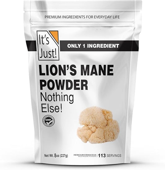 It's Just! - Lion's Mane Mushroom Powder, Natural Raw Superfood, Brain Support, Immune Health, Boost Energy, Non-GMO, 8oz