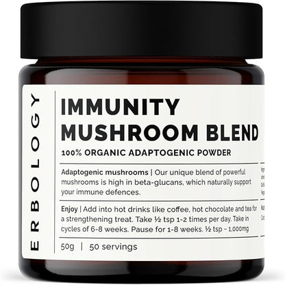 Erbology Organic Immunity Mushroom Complex 50 Servings - High in Beta-glucans - Reishi, Cordyceps, Lion's Mane, Turkey Tail - Sustainably Grown in Europe - Vegan - Non-GMO - No Added Fillers