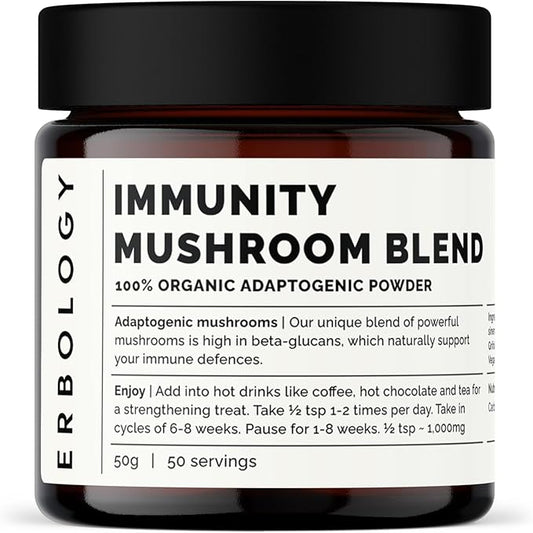 Erbology Organic Immunity Mushroom Complex 50 Servings - High in Beta-glucans - Reishi, Cordyceps, Lion's Mane, Turkey Tail - Sustainably Grown in Europe - Vegan - Non-GMO - No Added Fillers