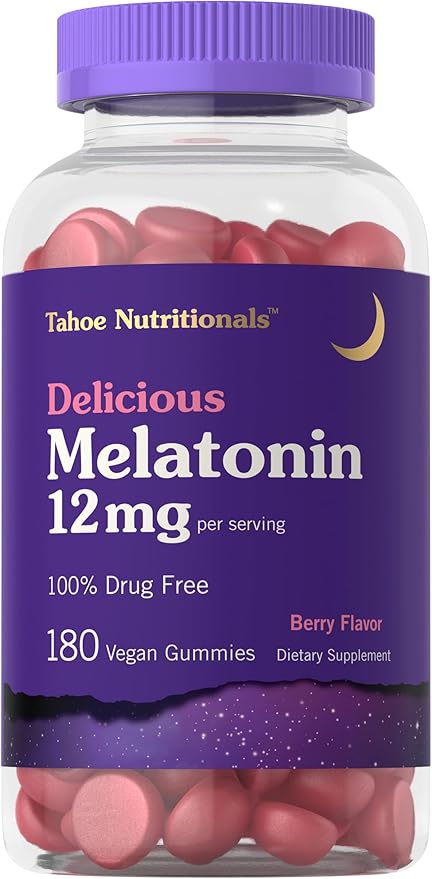 Carlyle Tahoe Nutritionals Melatonin Gummies 12mg | 180 Count | Berry Flavor | Drug Free Supplement | Vegan, Non-GMO, Gluten Free