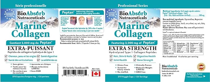 Bio Absorb Marine Collagen Capsules, Mercury Free, No Fish Aftertaste, 67-Day Supply of Hydrolyzed Marine Collagen Powder, Type 1 Marine Collagen Peptides (270 Pills of Fish Collagen Powder)