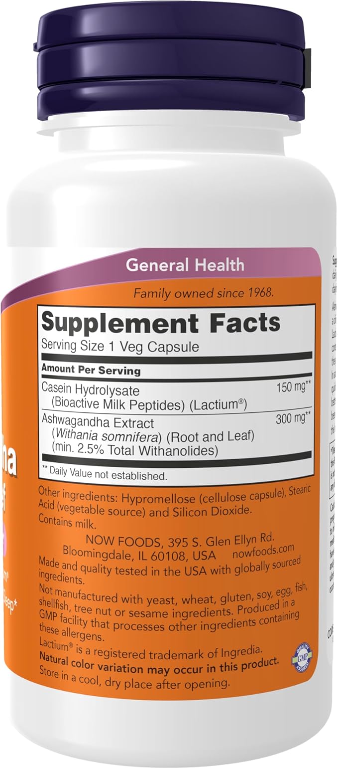 NOW Foods Supplements, Ashwagandha Stress Relief, Mood and Sleep Support*, with clinically Studied Lactium®, Promotes Relaxation and restful Sleep*, 60 Veg Capsules
