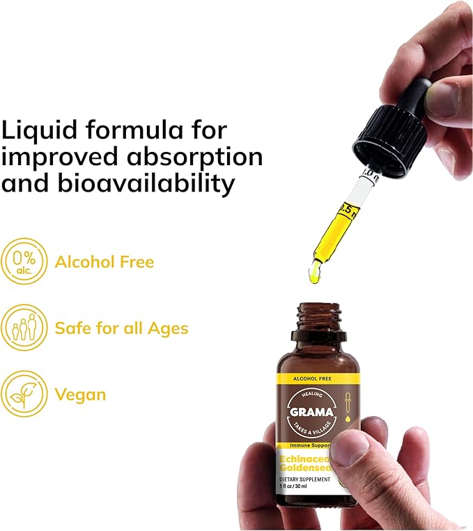 Grama Wellness Echinacea Goldenseal Tincture, Alcohol-Free Liquid Extract Immune Support Supplement, Organic Echinacea & Goldenseal Root Drops | Made in USA - 30 Servings