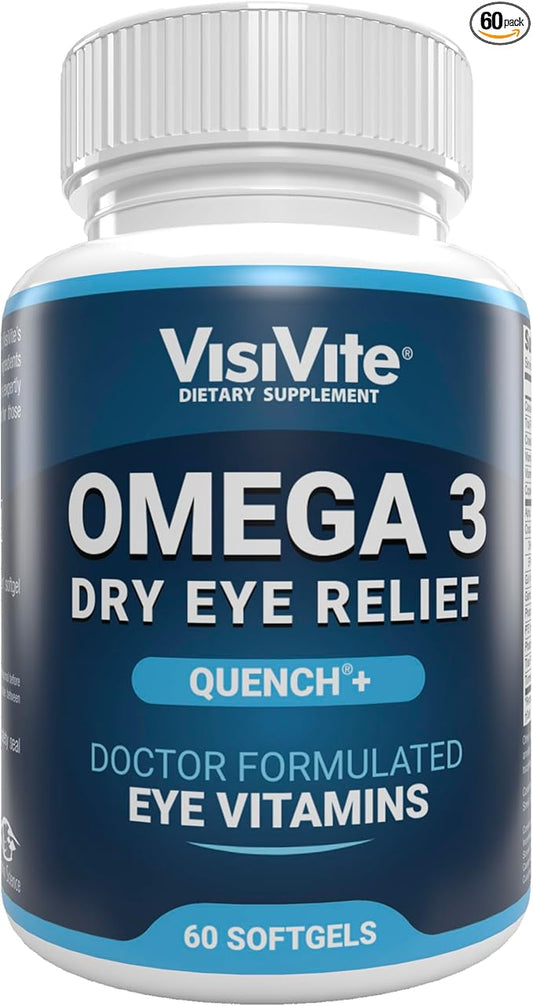 Omega 3 Dry Eye Supplements with EPA and DHA - VisiVite Dry Eye Relief Quench+ Eye Vitamins for dry eyes with Omega 3 Supplement - Dry Eye vitamins Made with Omega 3 Fish Oil - 60 Softgels.