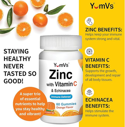 Zinc Vitamin C and Echinacea Gummies for Adults and Kids by YumVs | Chewable Gummy - Vegetarian, Halal, Kosher | Orange Flavor - 60 Count
