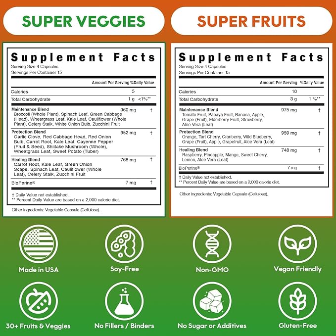 ROOTIE Fruits and Veggies Supplement Powerfull Blend of 39 Whole Fruits and Veggies, Fills Nutritional Gaps, Get Energy, Well-Being. USA Made Non-GMO/Vegan/Gluten Free.(60 Day Supply)