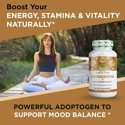 Organic Veda Ashwagandha Supplements, 1500mg - Ashwagandha Capsules with Black Pepper Extract - Made from Pure 100% Organic Ashwagandha Root - Mood Support Supplement & Energy, 120 Veggie