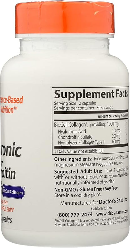 Doctors Best Hyaluronic Acid + Chondroitin Sulfate with BioCell Collagen, Non-GMO, Vegan, 60 Capsule (Pack of 1)