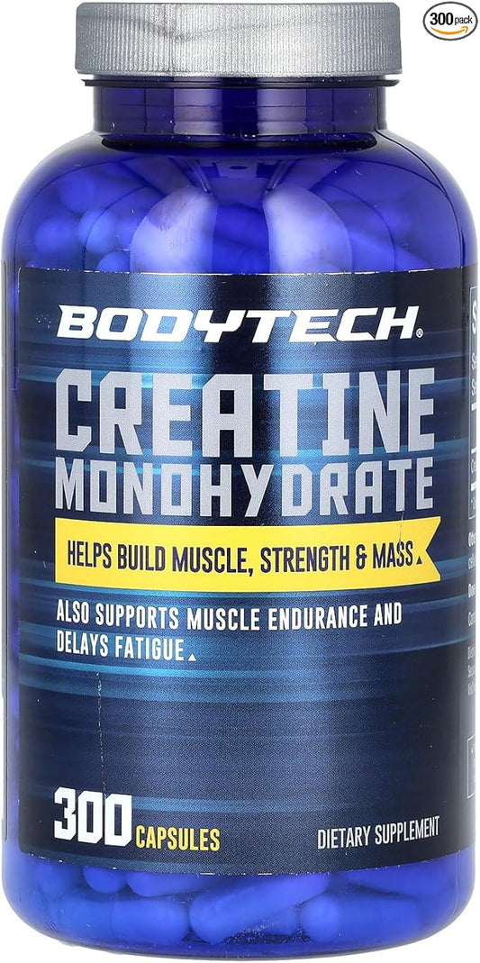 BodyTech 100 Pure Creatine Monohydrate 2250 MG Supports Muscle Strength Mass, 100 Servings (300 Capsules)