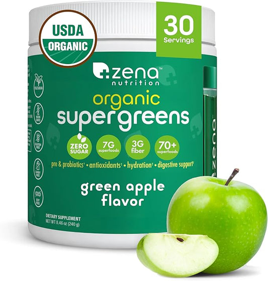 Organic Super Greens Powder, 70+ Superfoods, 0 Sugar, 3G Fiber, Spirulina, Chlorella, Antioxidants, Prebiotics/Probiotics, Digestive Enzymes, Green Apple, 30 Servings