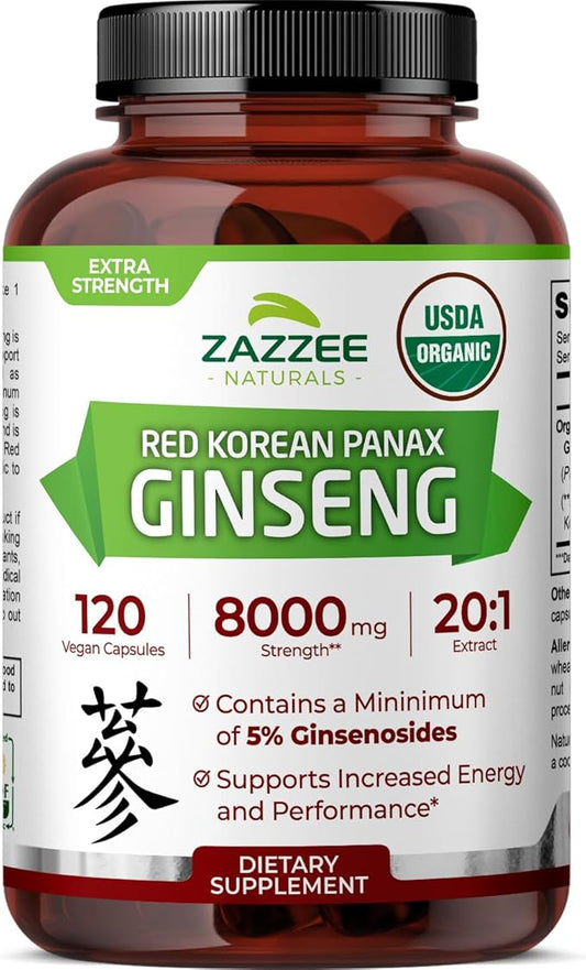 Zazzee USDA Organic Red Korean Panax Ginseng 20:1 Extract, 8000 mg Strength, 5% Ginsenosides, 120 Vegan Capsules, Standardized and Concentrated 20X Root Extract, 100% Vegetarian, All-Natural, Non-GMO