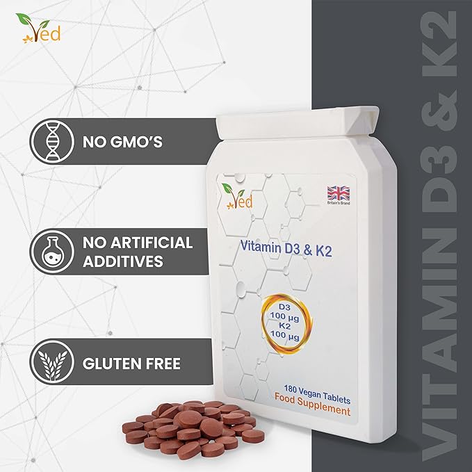 VED Vitamin D3 K2| 100 mcg Vitamin D3 & 100 mcg Vitamin K2| Max Strength 2 in 1 Immune Support | Vegan, Gluten| 180 Vegan Tablets|6 Month Supply