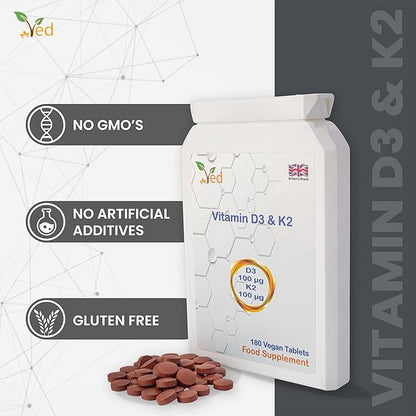 VED Vitamin D3 K2| 100 mcg Vitamin D3 & 100 mcg Vitamin K2| Max Strength 2 in 1 Immune Support | Vegan, Gluten| 180 Vegan Tablets|6 Month Supply