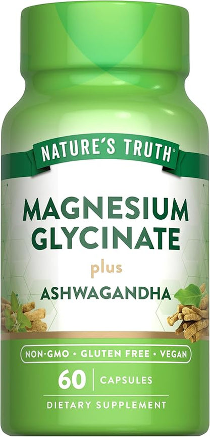 Nature's Truth Magnesium Glycinate with Ashwagandha | 60 Capsules | Vegan, Non-GMO & Gluten Free Supplement