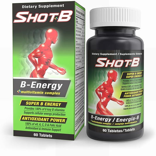 Shot B Multivitamin Complex, B-Energy, Vitamin B Complex with Antioxidant Support, B Complex Vitamins with A, C, D, E & Folic Acid for Cellular Energy & Immune Health - 6 Key B Vitamins, 60 Count
