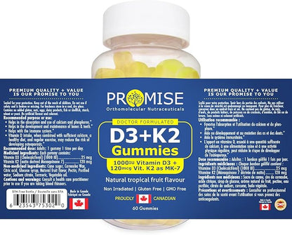 Promise D3+K2 Vitamin Gummy, 1000IU Vitamin D3 + 120mcg VIT K2 as MK-7, Natural Tropical Fruit Flavour, Made in Canada (60 Gummies)