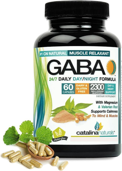 GABA 2,300mg Strength - 24/7 Daily Day/Night Formula - Natural Relaxant - Plus Magnesium, Valerian Root.