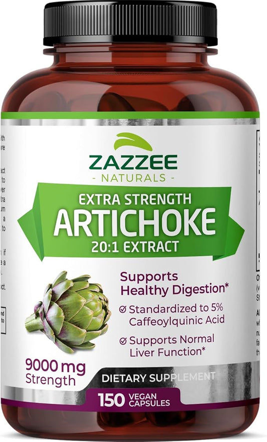 Zazzee Extra Strength Artichoke 20:1 Extract, 9000 mg Strength, 5% Caffeoylquinic Acid, 150 Vegan Capsules, 5 Month Supply, Concentrated and Standardized 20X Extract, Non-GMO and All-Natural