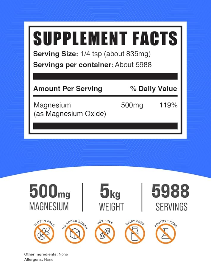 BulkSupplements.com Magnesium Oxide Powder - Magnesium Oxide Supplement, Magnesium Oxide 500mg - Gluten Free, 835mg (500mg of Magnesium) per Serving, 5kg (11 lbs) (Pack of 5)