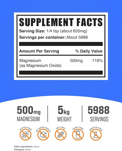 BulkSupplements.com Magnesium Oxide Powder - Magnesium Oxide Supplement, Magnesium Oxide 500mg - Gluten Free, 835mg (500mg of Magnesium) per Serving, 5kg (11 lbs) (Pack of 5)
