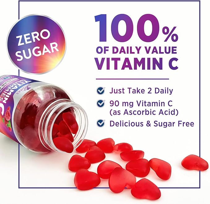 Zero Sugar Vitamin C Gummies - Immune Support & Antioxidant VitaminC Dietary Supplement - Vegan, Non-GMO, Dairy & Gluten Free C Vitamin Gummy - Raspberry Flavor for Kids & Adults - 120 Count Gummies