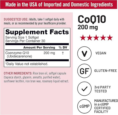NatureWise CoQ10 200mg Softgels, High Potency Ubiquinone - Coenzyme Q10 Supplement - Antioxidant for Heart Health + Energy - Vegan, Non-GMO, Gluten-Free - 30 Count[1-Month Supply]