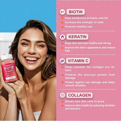 Biotin Gummies10000mcg Collagen Keratin Gummies Supplements Gummy Hair Skin And Nails Vitamins Gummies Daily Hair Nail Growth & Strengthener Gummies For Women Vegan Biotin Vitamin C Gummy120 Count