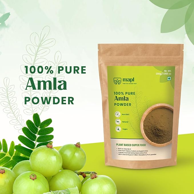 MAPL Pure Amla Powder (7.5 oz)– Organic,Super food for Skin Glow, Hair Growth, Digestion –| Indian Gooseberry Powder| Resealable Zip Lock Pouch