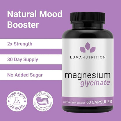 Luma Nutrition Magnesium Glycinate 1000mg - Support Stress, Sleep, Nerve & Muscle Health - 500mg Pure Magnesium Supplement Capsules - Chelated for High Absorption - 60 Veggie Capsules