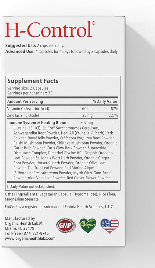 Organic Health Labs H-Control, Vitamin C with Zinc for Maximum Immune Support, 60 Veggie Capsules