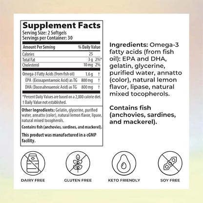 Reignite Wellness by JJ Virgin | Omega Plus | High-Dose Fish Oil Supplement | Supports Cardiovascular System & Joints | EPA & DHA Promotes Memory, Focus & Healthy Response to Stress | 60 Softgels