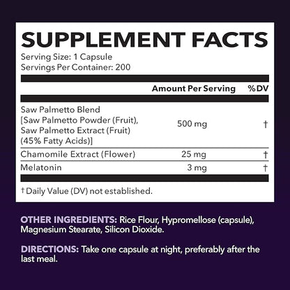 Saw Palmetto PM for Men with Melatonin 3mg - Night Time Prostate Health Supplement for Bladder and Sleep Support - Reduce Urinary Frequency - 200 Count - Vegan, Non-GMO Capsules - Over 6 Month Supply