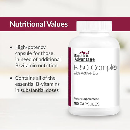Bariatric Advantage B-50 Complex with Active B12, High Potency Supplement Containing All Essential B Vitamins with Choline, Inositol and PABA - 180 Count