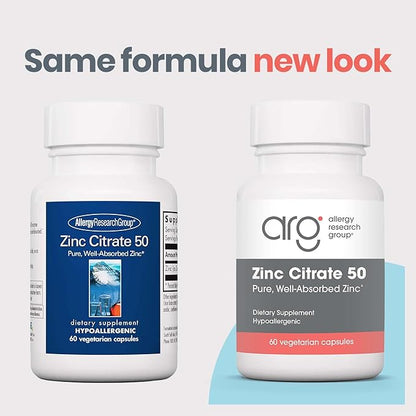 Allergy Research Group Zinc Citrate Supplement - Zinc for Men & Women, Immune Support, Pure, Well-Absorbed, Well-Tolerated, Trace Mineral, 50mg Vegetarian Capsules - 60 Count