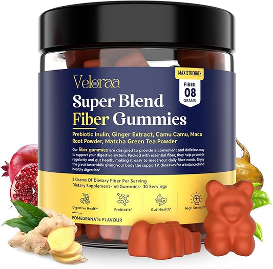 Super Blend Fiber Gummies for Adults – 8g Prebiotic Fiber Gummies, Supports Digestive Health, Bloating Relief & Wellness, Infused with Ginger, Camu Camu & Matcha, Strawberry Flavor – 60 Count
