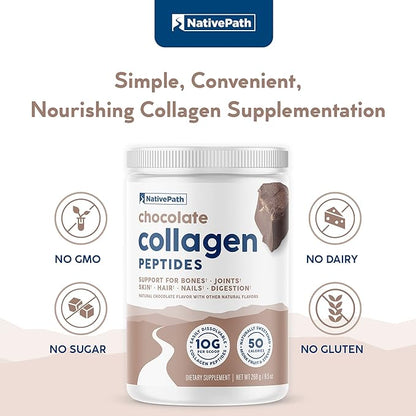 NativePath Collagen Peptides - Hydrolyzed Type 1 & 3 Collagen. Keto & Paleo Grass-Fed Protein Powder for Hair, Skin, Nails, Bones, Joints, Digestion and More - No Gluten or Dairy (Chocolate, 268g)