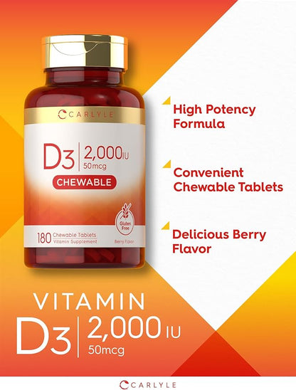 Carlyle Chewable Vitamin D3 2000 IU (50mcg) Tablets | 180 Count | Berry Flavor | Vegetarian, Non-GMO and Gluten Free