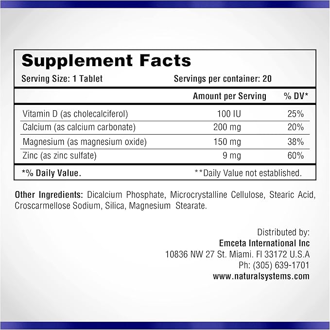 Calcium Magnesium Zinc Vitamin D Supplement 60 Tablets by Natural Systems - Calcium Magnesium Zinc and VIT D Supplements for Strong Immune System - Magnesium Supplement for The Immune System