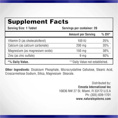 Calcium Magnesium Zinc Vitamin D Supplement 60 Tablets by Natural Systems - Calcium Magnesium Zinc and VIT D Supplements for Strong Immune System - Magnesium Supplement for The Immune System