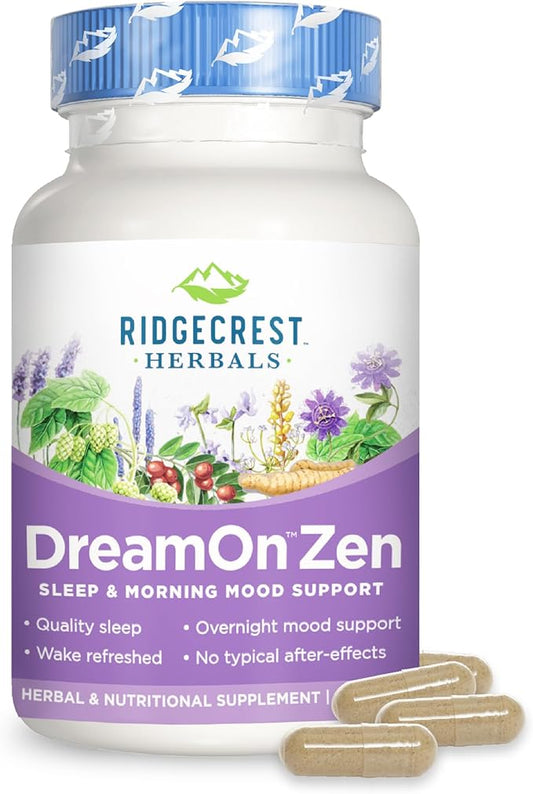Ridgecrest Herbals DreamOn Zen, Sleep Support Supplement, Melatonin Free, Magnesium, 5-HTP, Lavender, Chamomile, Valerian, Lemon Balm for Adults and Children 12+ (60 Caps, 30 Serv)